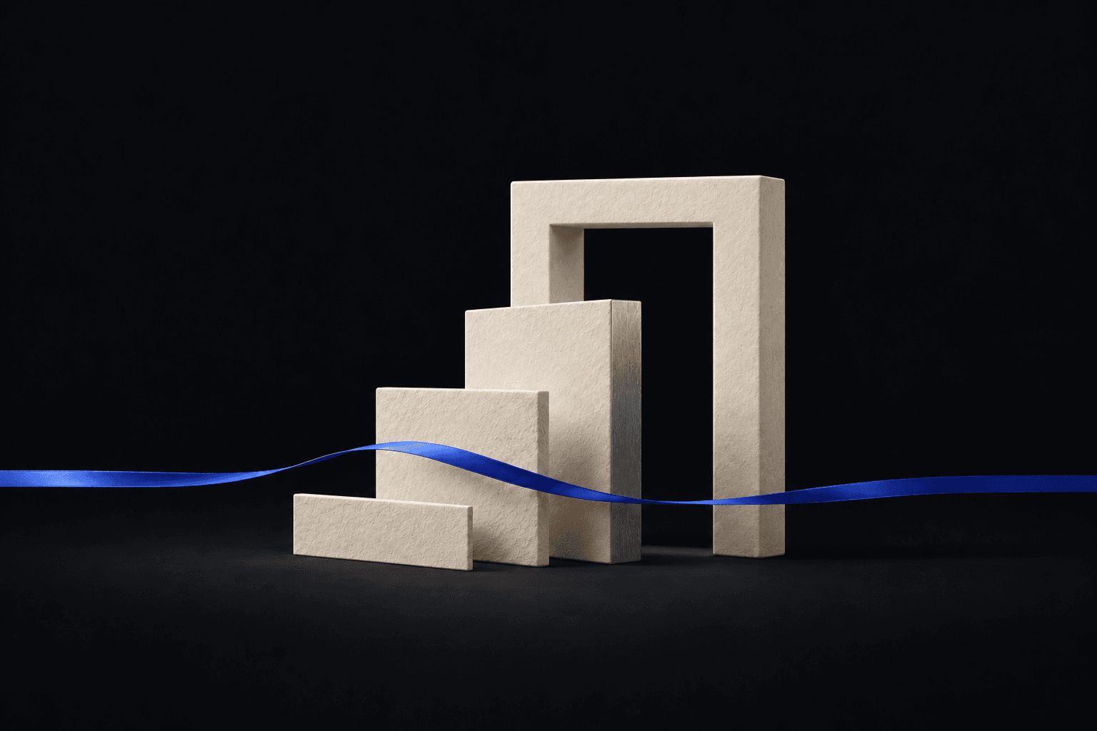 Three ivory planes rise toward an upright sculptural frame as a cobalt ribbon crosses the dark scene.